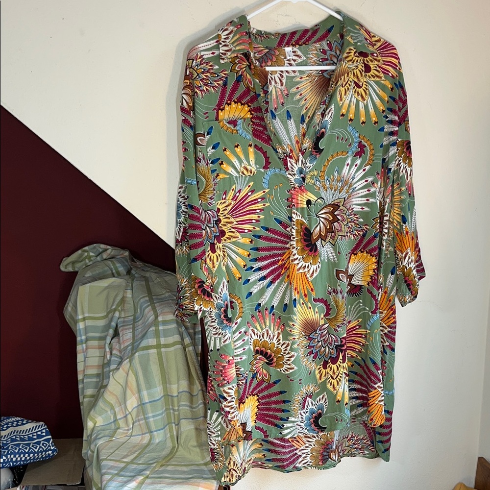 Ekouaer 100% Rayon Floral‎ Patterned Tunic Dress XL
